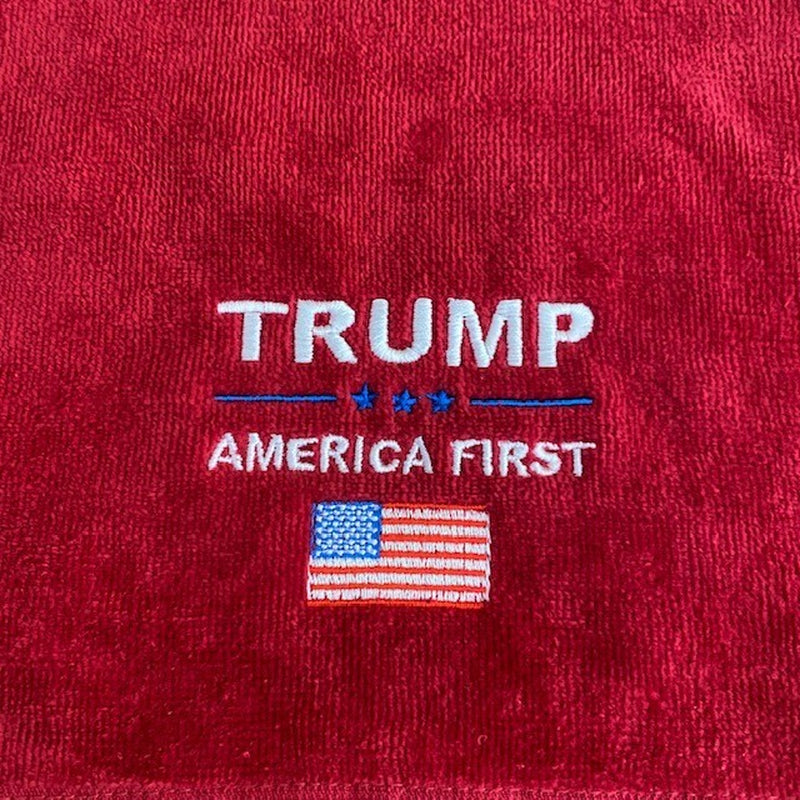 TRUMP AMERICA FIRST Red Golf Towel Embroidered with Flag