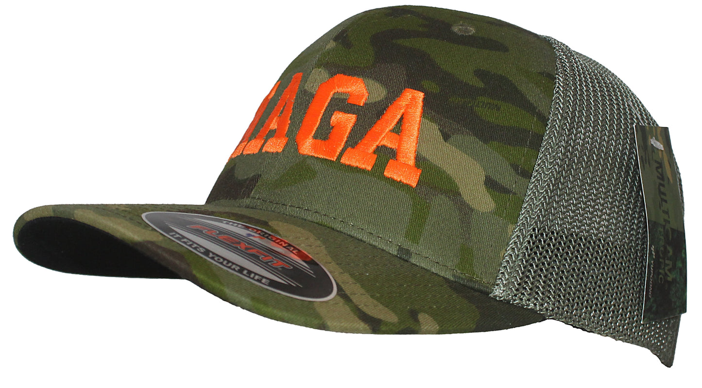 Embroidered in the USA MAGA Multicam Mesh Flexfit Adult Structured Trucker Hat - Tropic