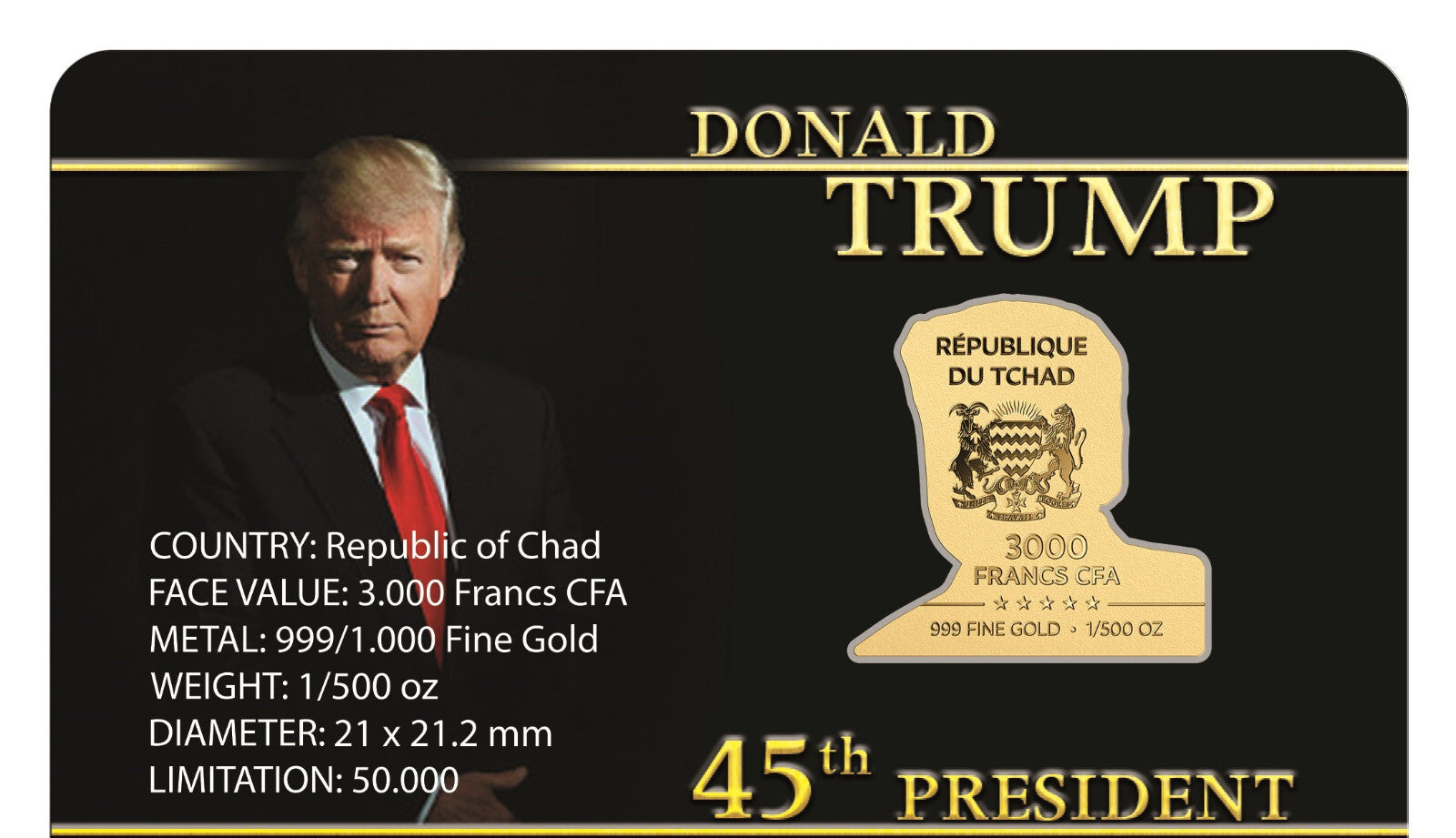 President Donald Trump .999 Gold Coin - 1/500 Ounce (Chad) Make America Great