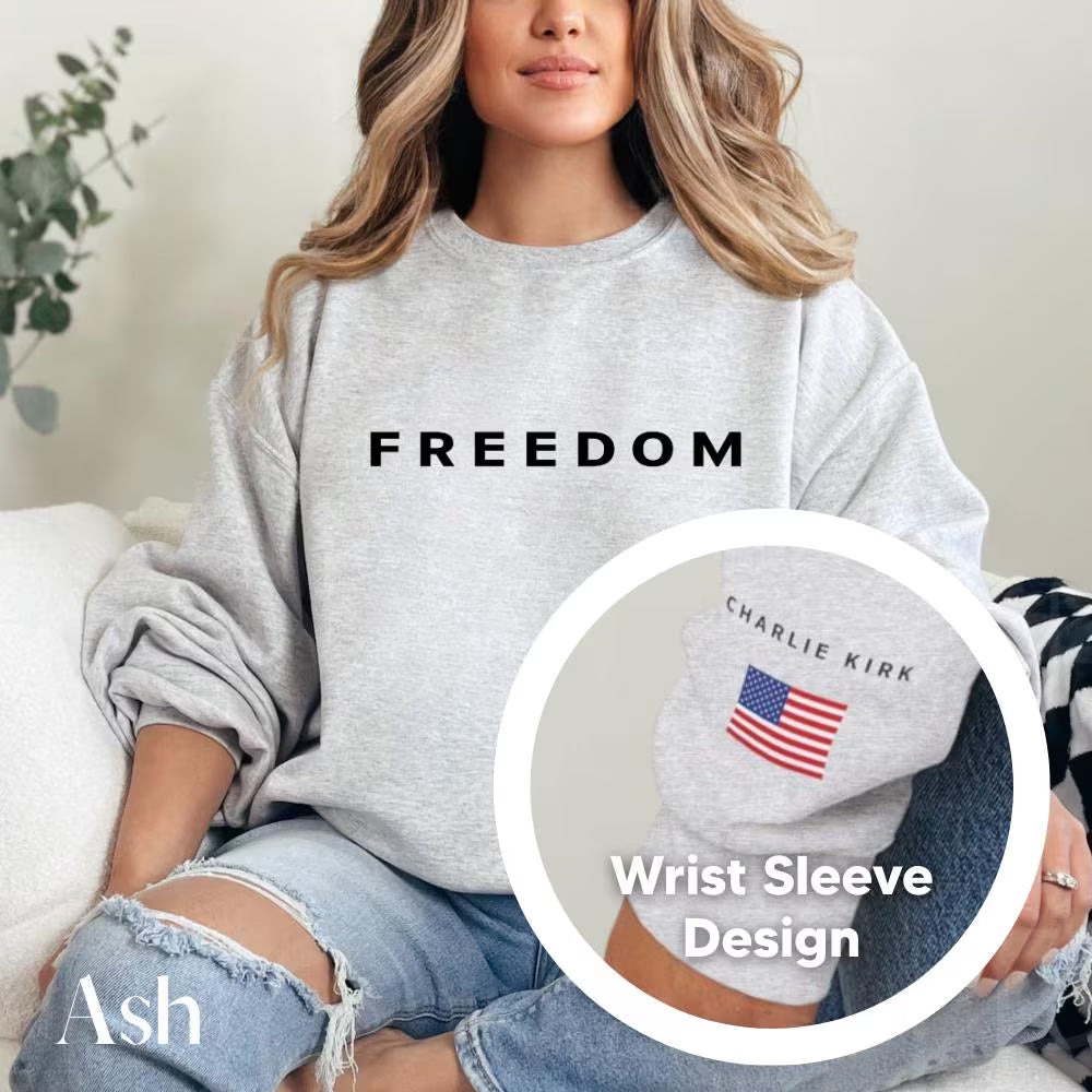 Sleeve Design Charlie Kirk Freedom Sweatshirt, Freedom Sweatshirt, Charlie Kirk Sweatshirt, Turning Point, Charlie Kirk, Crewneck Hoodie