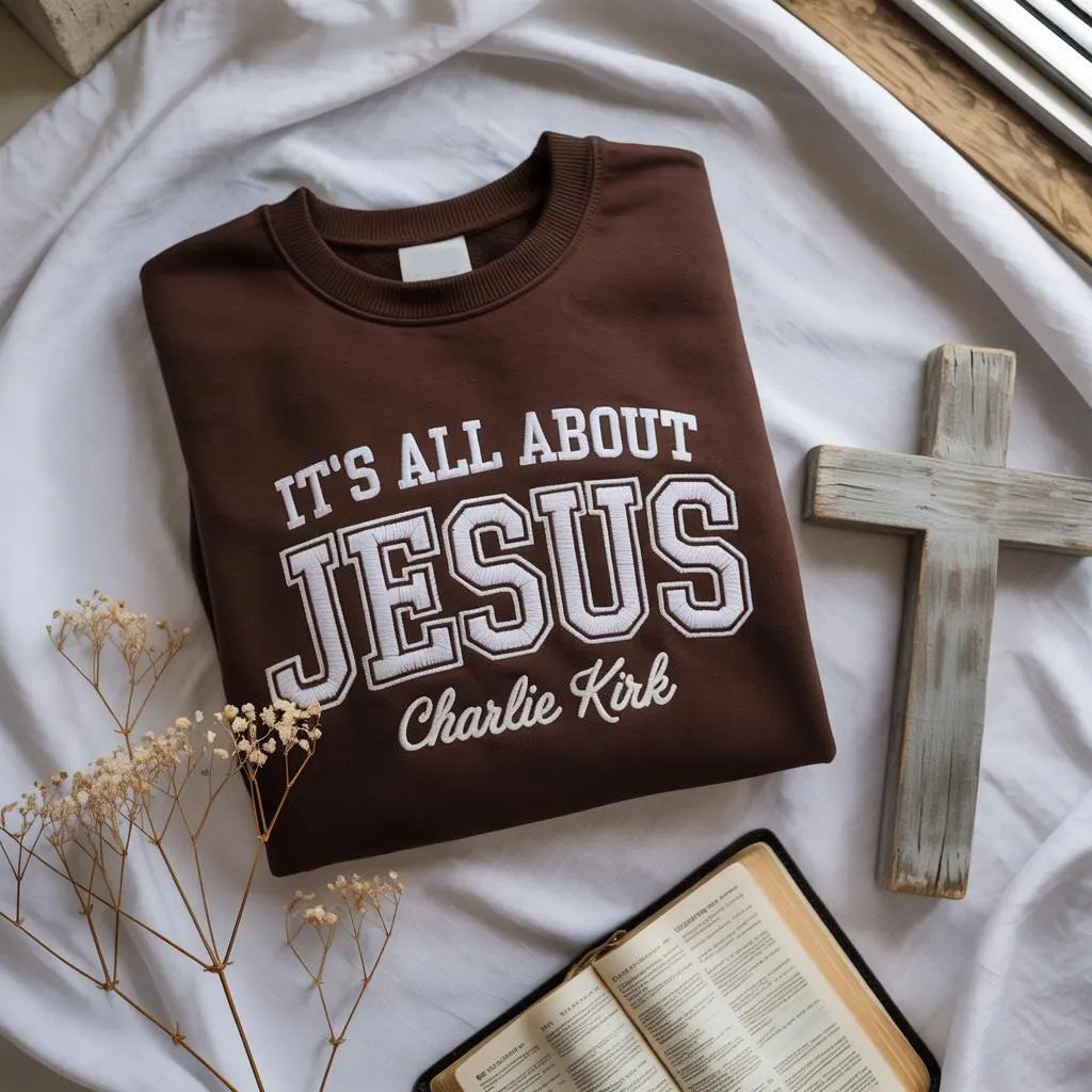 Embroidered Charlie Kirk RIP Shirt, Its All about Jesus Stand with Charlie Kirk Support Shirt, Free Speech Patriotic American Christian Tee