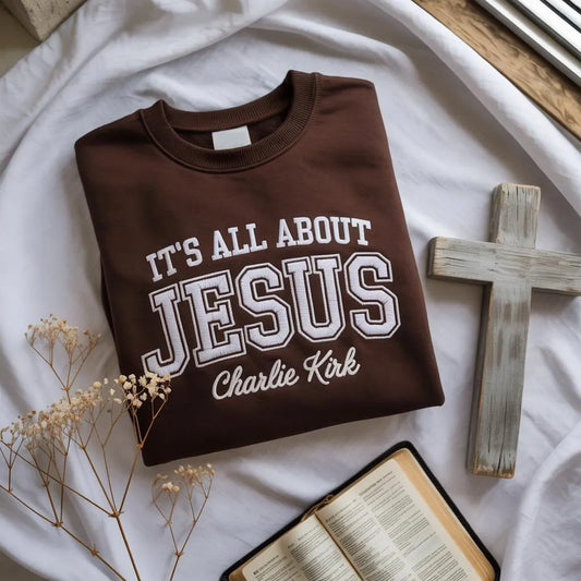 Embroidered Charlie Kirk RIP Shirt, Its All about Jesus Stand with Charlie Kirk Support Shirt, Free Speech Patriotic American Christian Tee
