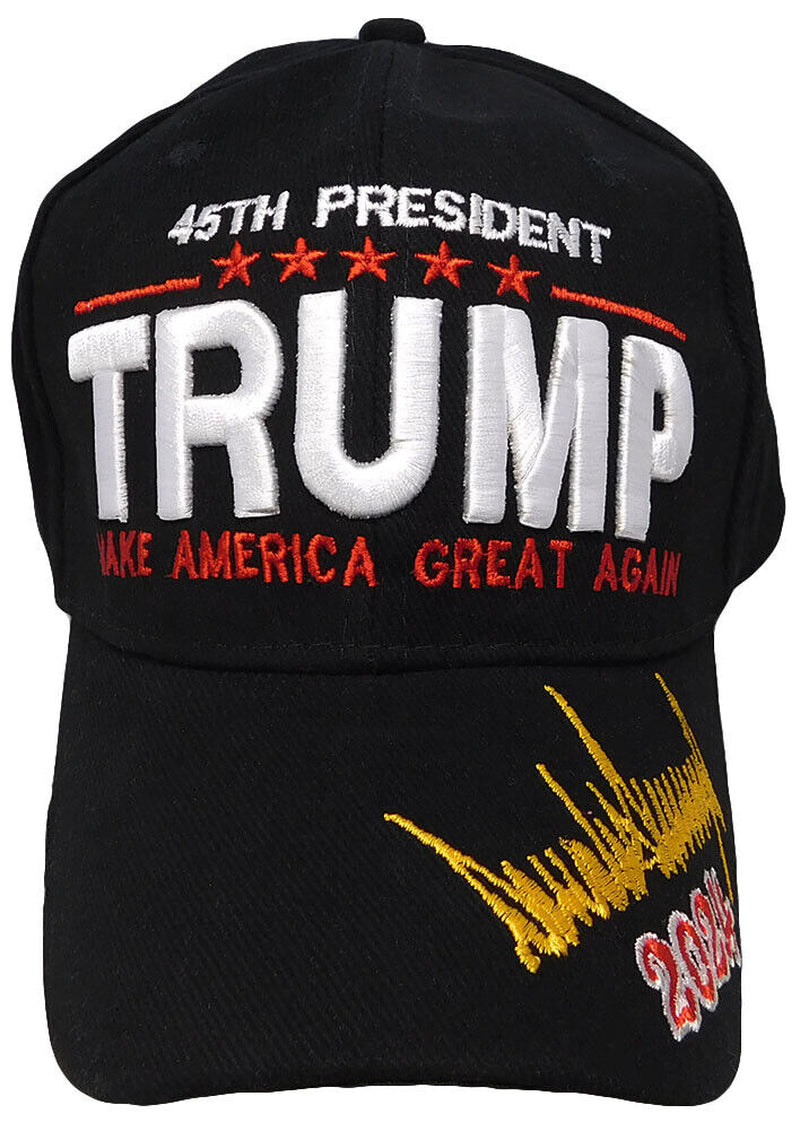 45Th President Trump MAGA Signature 2024 Black Cotton Embroidered Cap Hat
