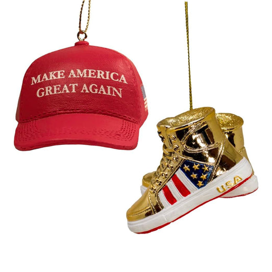 Kurt Adler Resin Make America Great Again Hat and Gold Sneaker Ornament Set