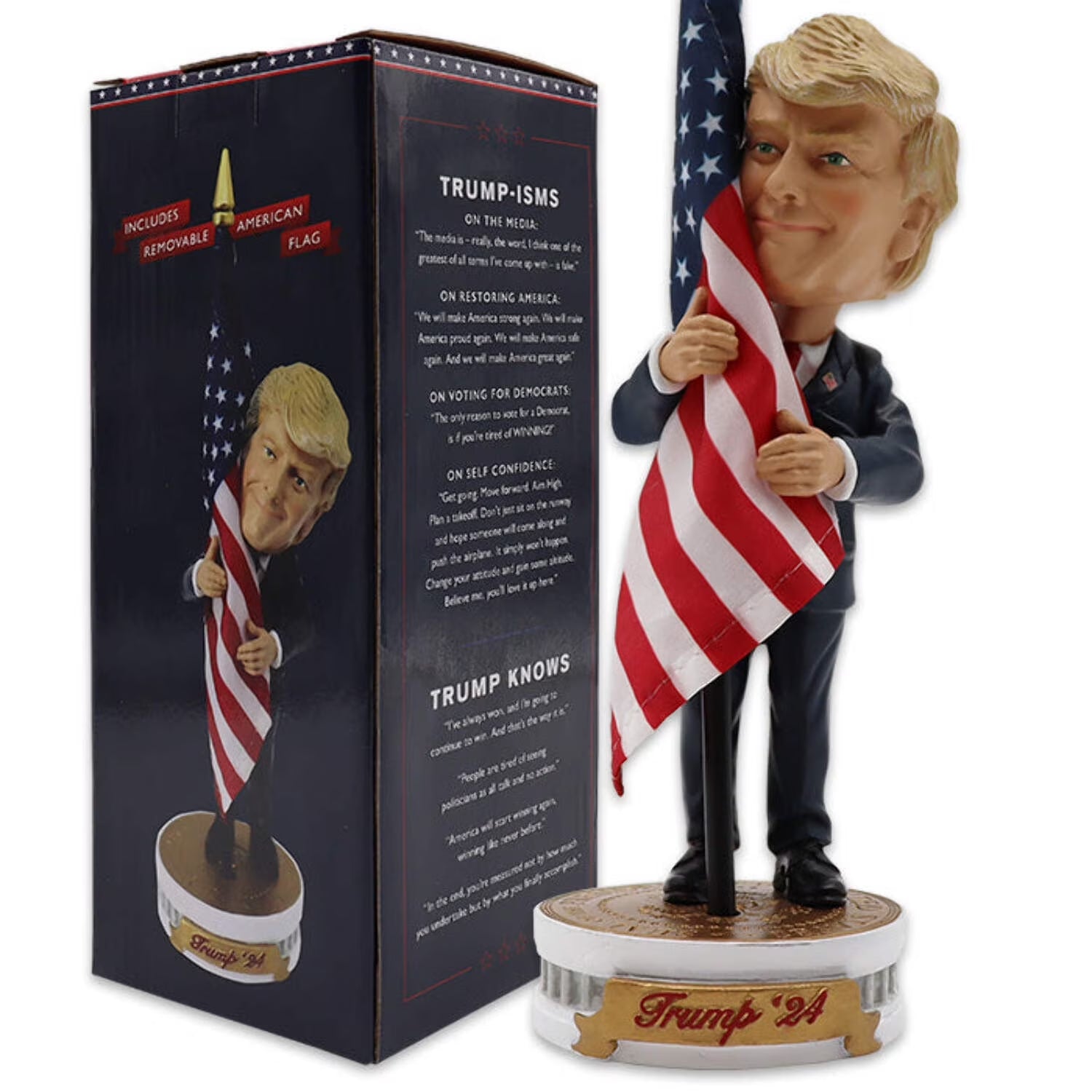Donald Trump Bobblehead | (Trump Holding American Flag - Cloth Flag Included)