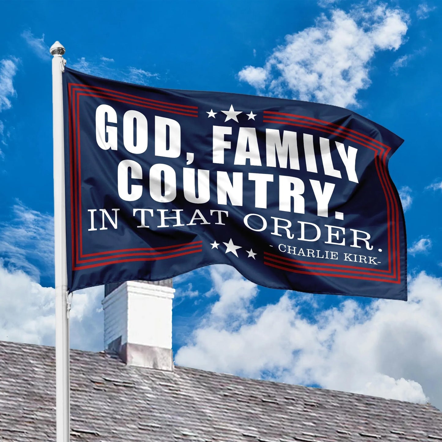 Charlie Kirk God Family Country House Flag, a True Patriot Charlie Kirk Flag, Prayers up for Charlie, Human Rights Flag, Freedom Flag