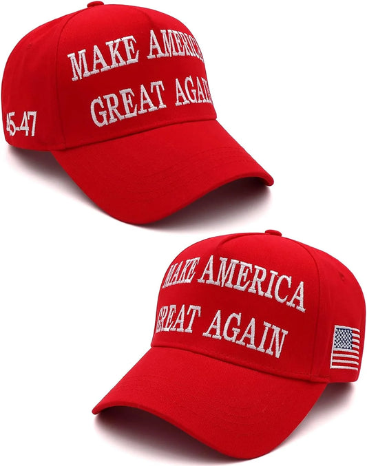 2Pc Trump 2024 MAGA Hat - Make America Great Again Donald Trump 45, 47 Presidential Campaign Red Cap with USA Flag