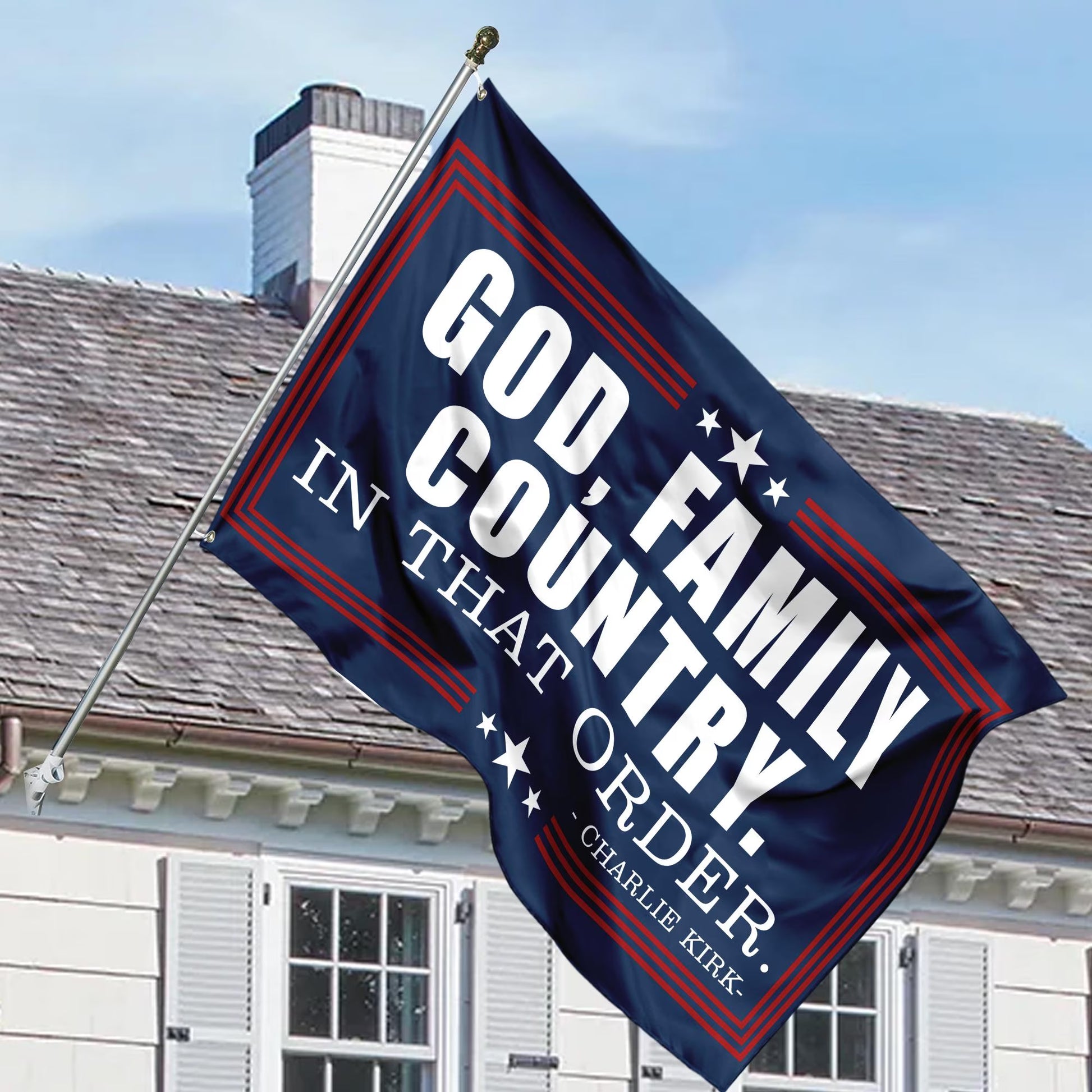 Charlie Kirk God Family Country House Flag, a True Patriot Charlie Kirk Flag, Prayers up for Charlie, Human Rights Flag, Freedom Flag