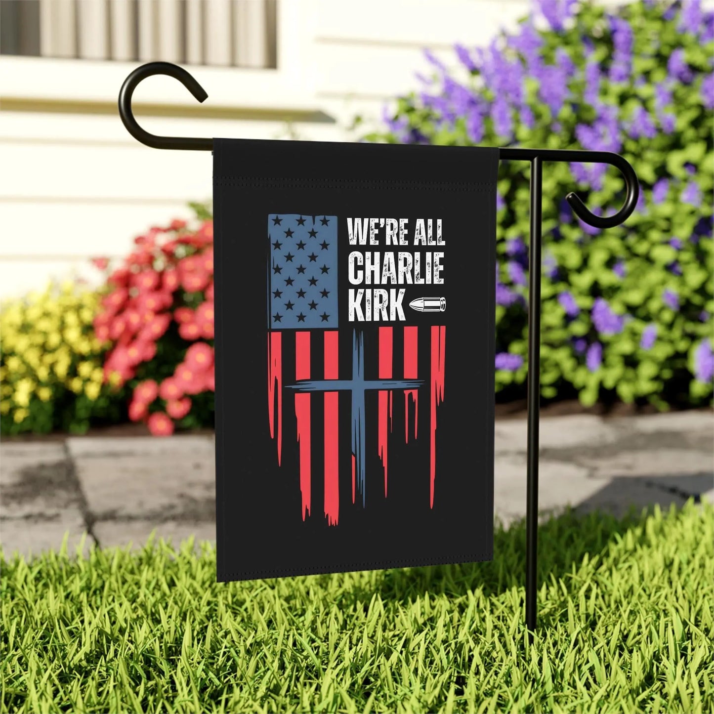 We All Charlie Kirk Flag, Two-Sided American Flag Cross Outdoor Banner, Patriot Charlie Kirk Tribute Garden Sign