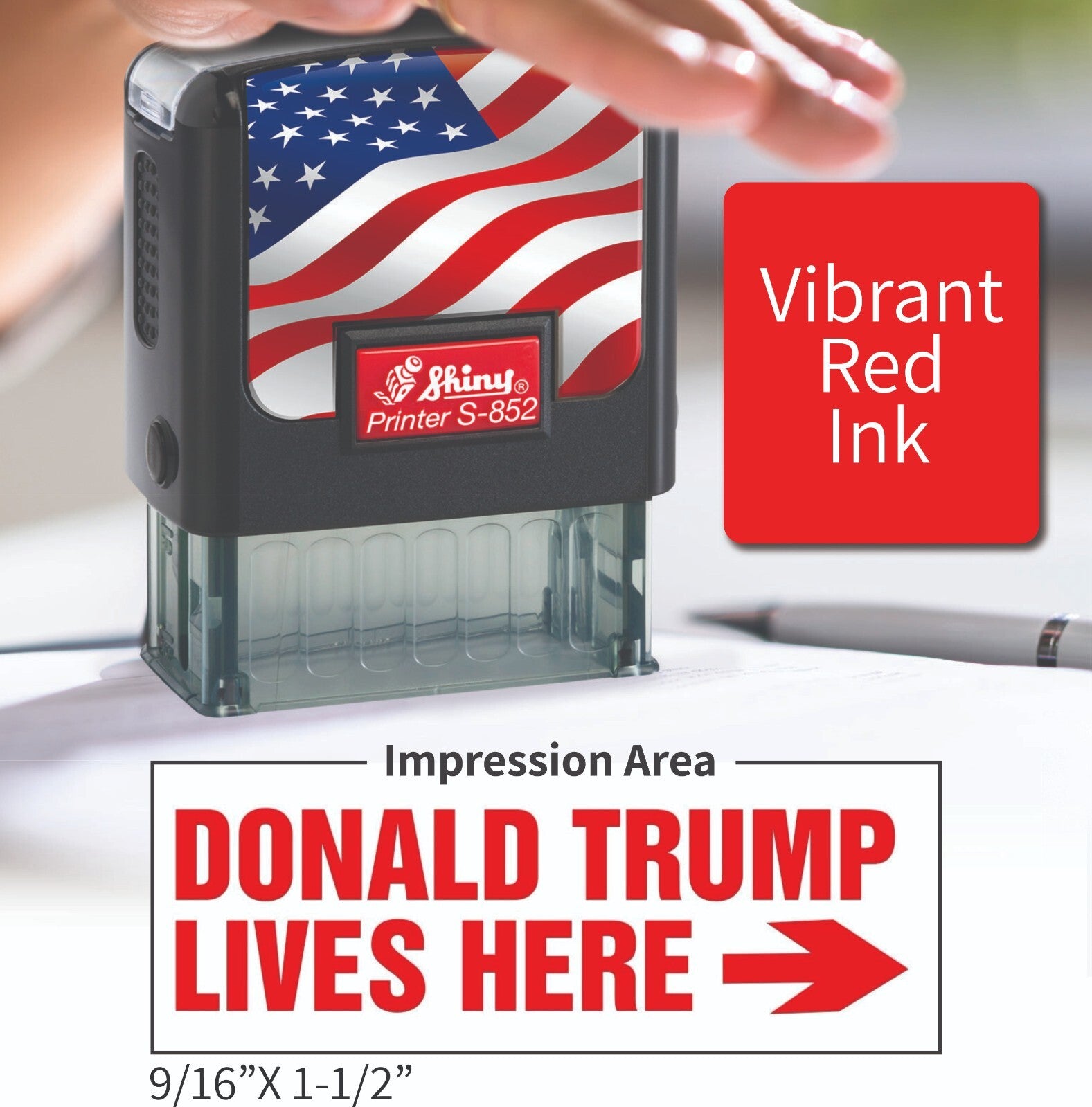 Donald Trump Lives Here Self Inking American Flag Stamp - 9/16" X 1-1/2" - Red