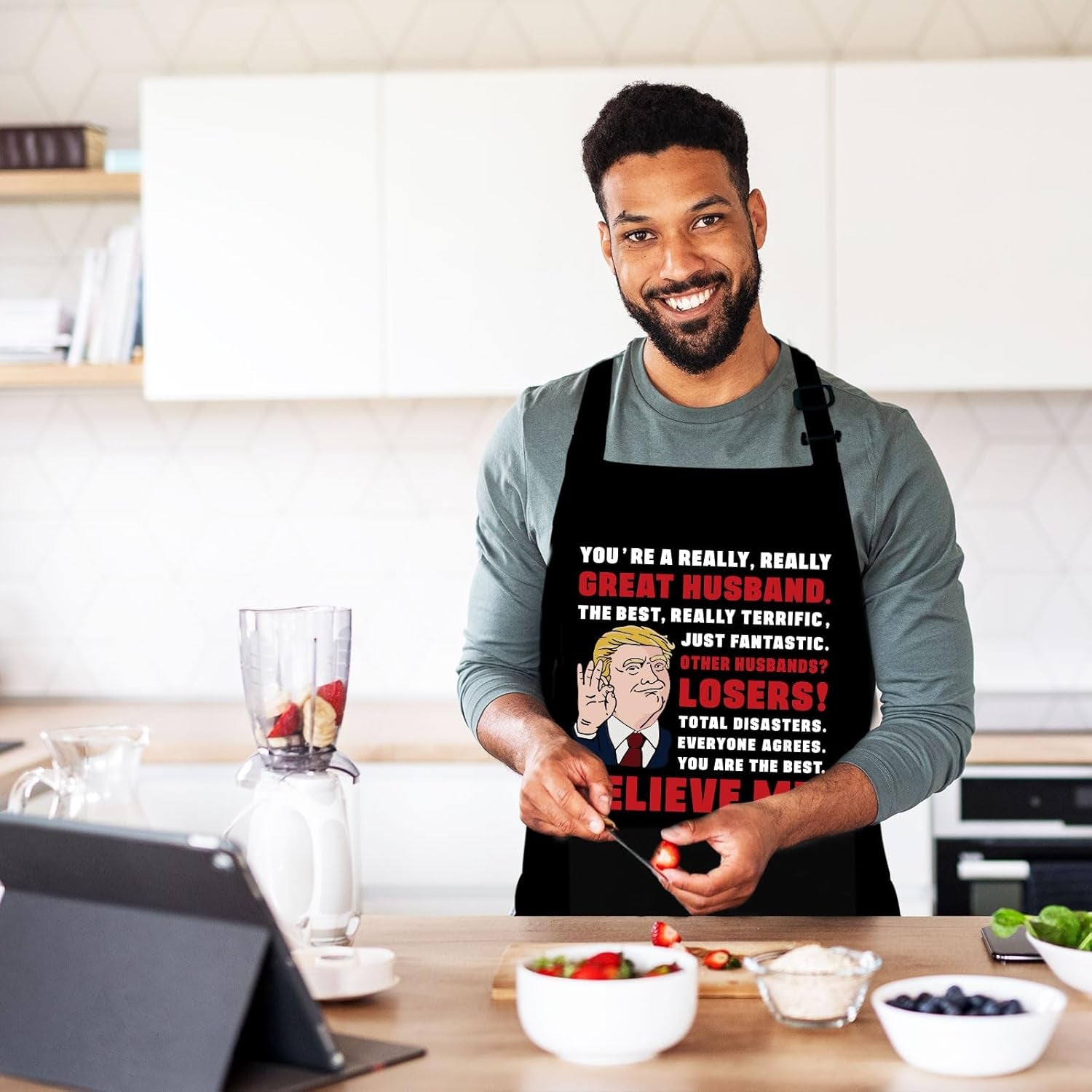 Funny Aprons for Men, Birthday Gifts for Husband from Wife, Anniversary Retirement Gift for Husband, Kitchen Apron for Cooking Grilling, Novelty Mens BBQ Gifts, Christmas White Elephant Gifts for Men