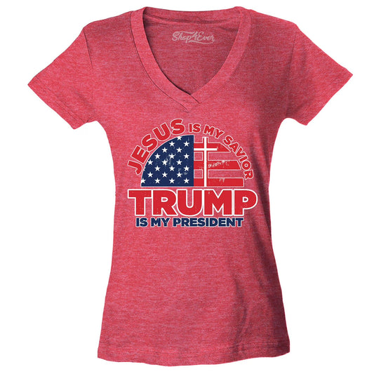 Women'S Jesus Is My Savior Trump Is My President Slim Fit V-Neck T-Shirt Large Heather Red