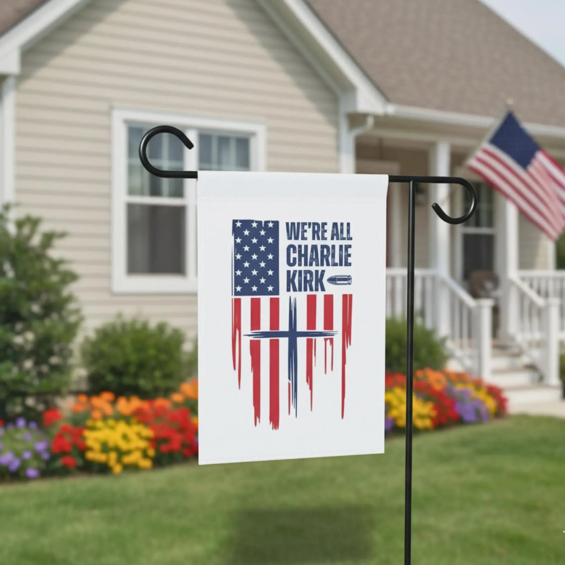 We All Charlie Kirk Flag, Two-Sided American Flag Cross Outdoor Banner, Patriot Charlie Kirk Tribute Garden Sign
