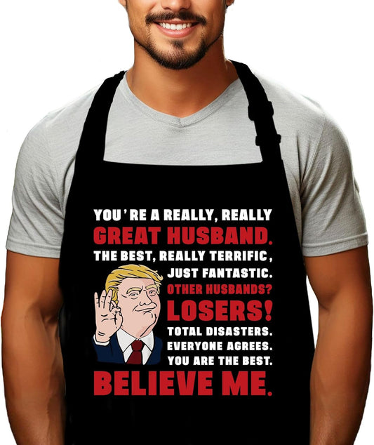 Funny Aprons for Men, Birthday Gifts for Husband from Wife, Anniversary Retirement Gift for Husband, Kitchen Apron for Cooking Grilling, Novelty Mens BBQ Gifts, Christmas White Elephant Gifts for Men