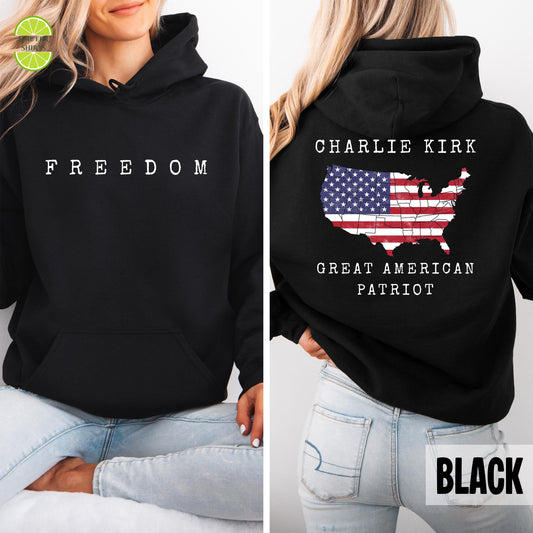 Great Amreican Patriot Charlie Kirk Freedom Hoodie, Sweatshirt, T-Shirt: Front and Back Design